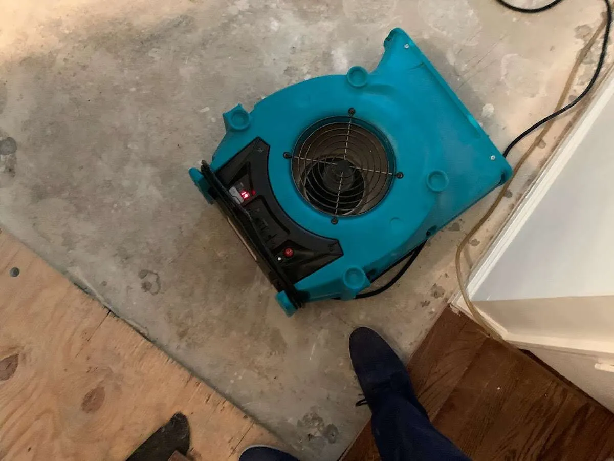 Air mover drying subfloor during Commercial Water Damage Restoration in Falmouth